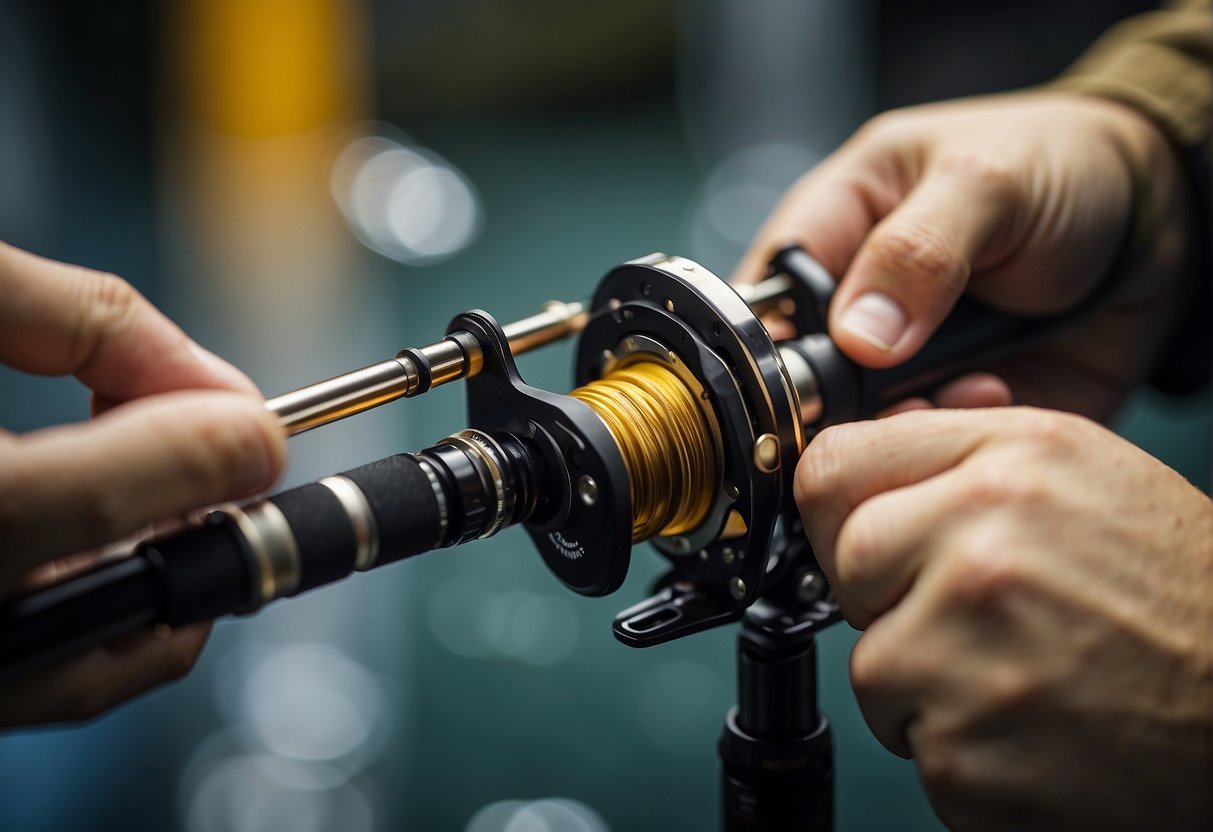 A fishing rod is being assembled with care, the line threaded through the guides and the reel securely attached. The rod is then carefully tested with a few practice casts to ensure it is ready for use
