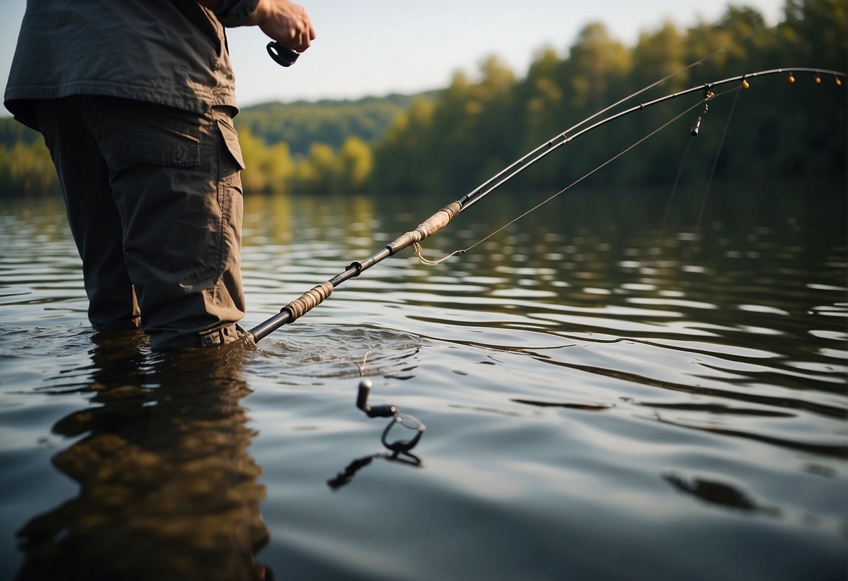 A person casts a fishing rod into the water, holding the handle with one hand and the line with the other, while the rod bends with the weight of the bait