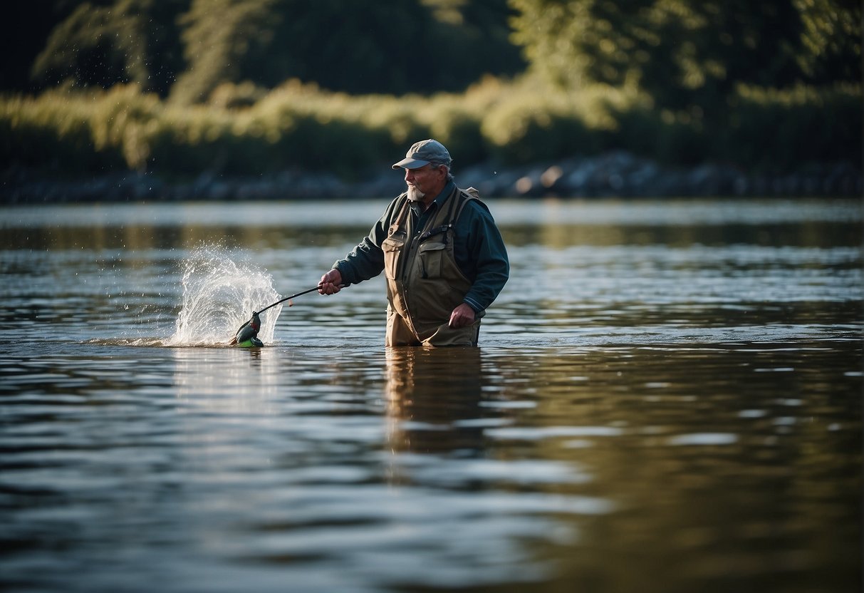 A fisherman casts a line with precision, using proper technique and timing to land the perfect catch